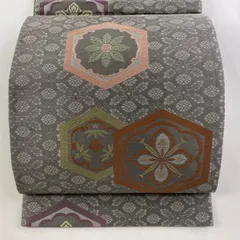 【在庫一掃】 袋帯 秀品 亀甲 花 刺繍 灰色 六通 正絹 【中古】