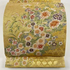 【在庫一掃】 袋帯 秀品 関西仕立て 牡丹 草花 箔 金糸 金色 六通 正絹 【中古】