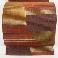 【在庫一掃】 【美品】 名古屋帯 秀品 八寸名古屋帯 松葉仕立て 幾何学模様 金糸 赤茶 正絹 【中古】
