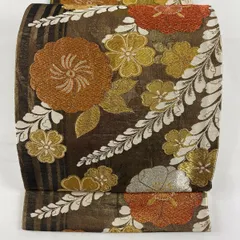 【在庫一掃】 袋帯 秀品 草花 縦縞 金銀糸 箔 金色 全通 正絹 【中古】