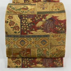 【在庫一掃】 【美品】 袋帯 秀品 正倉院裂文 花鳥 金糸 箔 黄土色 六通 正絹 【中古】