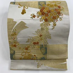 【在庫一掃】 袋帯 秀品 御簾花束文 金糸 刺繍 灰白 お太鼓柄 正絹 【中古】