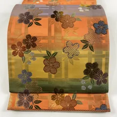 【在庫一掃】 袋帯 秀品 関西仕立て 桜 格子 金糸 箔 オレンジ 六通 正絹 【中古】