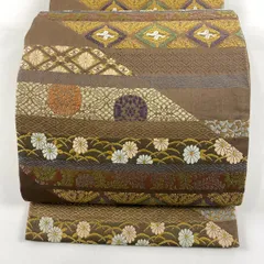 【在庫一掃】 【美品】 袋帯 秀品 鈴乃屋 向かい鳥 草花 刺繍 箔 焦茶色 六通 正絹 【中古】