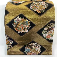 【在庫一掃】 袋帯 秀品 和楽器 花鳥 金糸 箔 金色 六通 正絹 【中古】