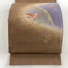【在庫一掃】 【美品】 袋帯 名品 紬地 貝紫刺繍 鴛鴦 和楽器 刺繍 金糸 茶色 お太鼓柄 正絹 【中古】