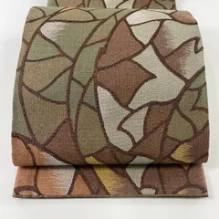 【在庫一掃】 【美品】 袋帯 秀品 幾何学模様 金通し 灰緑 全通 正絹 【中古】