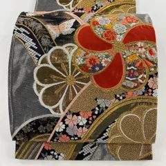 【在庫一掃】 【美品】 袋帯 秀品 草花 蝶 金銀糸 刺繍 黒 六通 正絹 【中古】