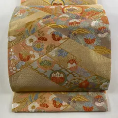 【在庫一掃】 【美品】 袋帯 秀品 蝶 草花 金銀糸 箔 金色 六通 正絹 【中古】