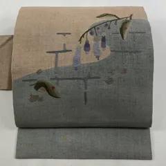 【在庫一掃】 名古屋帯 秀品 紬地 生り物 霞 刺繍 灰緑 正絹 【中古】