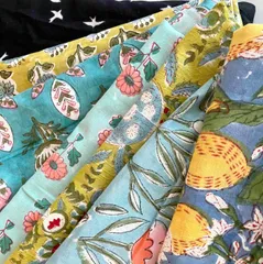 追加注文ご検討用：インド ブロックプリント生地 ミニカットクロス 7枚セット寒色系vol.19 ファブリック はぎれIF0395