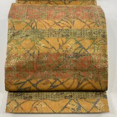 【在庫一掃】 袋帯 名品 段縞 草花 金彩 オレンジ 全通 正絹 【中古】