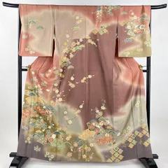 【在庫一掃】 訪問着 身丈163cm 裄丈67.5cm L 袷 落款 扇面 草花 金彩 染め分け ピンク 正絹 名品 【中古】