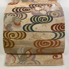 【在庫一掃】 袋帯 秀品 関西仕立て 唐織 鴛鴦 観世水 金糸 箔 薄茶色 六通 正絹 【中古】