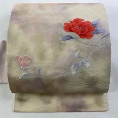 【在庫一掃】 名古屋帯 優品 関西仕立て 枝花 芝 刺繍 銀糸 ベージュ 正絹 【中古】