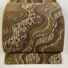 【在庫一掃】 袋帯 秀品 桜 幾何学模様 刺繍 金銀糸 茶色 六通 正絹 【中古】