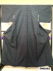 【着物】紬　絹綿　袷　しつけ糸あり　着物　青系　麻の葉模様　着物　和装　OME 493
