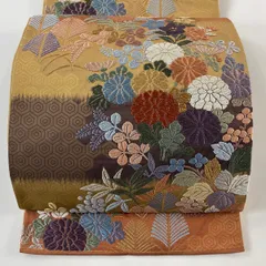 【在庫一掃】 袋帯 秀品 関西仕立て 秋草 亀甲 箔 唐織 黄土色 六通 正絹 【中古】