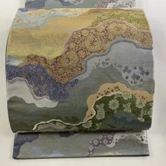 【在庫一掃】 【美品】 袋帯 秀品 丸文 花唐草 金銀糸 刺繍 灰緑 六通 正絹 【中古】