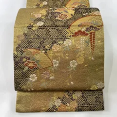 【在庫一掃】 【美品】 袋帯 秀品 扇面 笠松 金糸 箔 金色 六通 正絹 【中古】