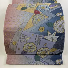 【在庫一掃】 袋帯 秀品 草花 亀甲 金糸 青灰色 六通 正絹 【中古】