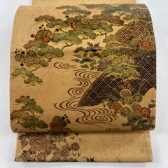 【在庫一掃】 袋帯 秀品 松梅 流水 金彩 箔 金茶 お太鼓柄 正絹 【中古】