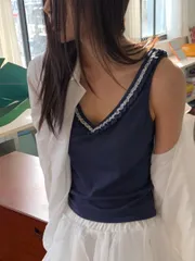 ノースリーブ エンブロイダリー フリル Vネック Tシャツ