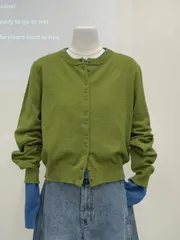 エルボタンカーディガン ボタンPOINT レイヤード ラウンドネック クロップドカーディガン