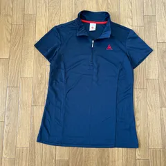 送料無料】ルコックスポルティフ　半袖シャツ　デサント　ポロシャツ　ロゴ刺繍　ハーフジップ　ネイビー　レディースゴルフウェア　Lサイズ　人気　紺　 GOLF