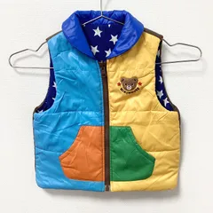 古着　MIKI HOUSE　ミキハウス　中綿入り　リバーシブル　ダウン　ノースリーブベスト　キッズ　90サイズ　ドライ　マルチカラー　プッチーくん　星柄　フロントジップ