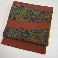 正絹 洒落袋帯 更紗 花唐草 貝模様 オレンジ ネイビー 個性的 - メルカリ