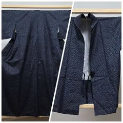 A5◆着物くつろぎ アンサンブル 亀甲模様 紺色 袷 正絹 小紋 着物 道中着