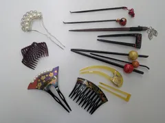 D【14点まとめ売り】髪留め かんざし コーム 耳かき 玉かんざし バチ型 和装 小物 パール飾り オシャレ