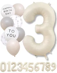 数字 バルーン ベージュ 大きい 誕生日 風船セット くすみ ナンバーバルーン アイボリー バースデー デコレーション (3 くすみホワイト)