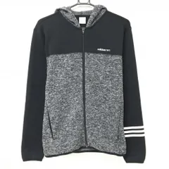 【美品】アディダスneo ニットジップパーカー 杢グレー×黒 袖3ライン 裏起毛 メンズ Ｍ ゴルフウェア adidas