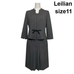 ◇ レリアン Leilian セットアップ スーツ プルオーバージャケット ミディ丈スカート プリーツ リボン グレー 11 L 11号 レディース S6B218