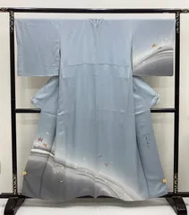 中古品　袷着物　訪問着　落款　正絹　薄湊鼠色　R392