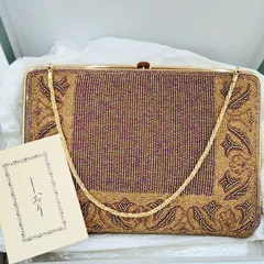 総ビーズ刺繍 パーティーバッグ ゴールド がま口 チェーン付 ヴィンテージ 箱付