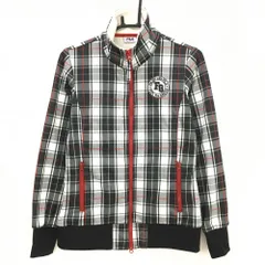 【美品】フィラゴルフ ジャケット 白×黒 チェック柄 裏微起毛 ロゴワッペン レディース L ゴルフウェア FILA GOLF