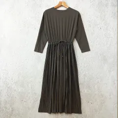 HUG.U ハグユー ワンピース ロング丈 マキシ丈 プリーツ ウエストリボン 上品 チャコールグレー Lサイズ ◎、〇◇
