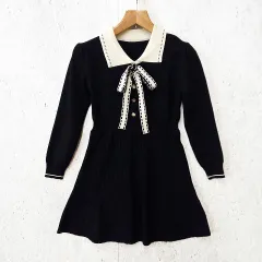 ニット カラー ワンピース リボン ウエストマーク フレアワンピース ブラック ◎、◇〇☆