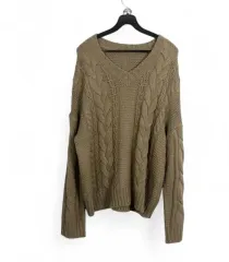 レディースF/カーキ Vネックケーブルニット 8-24
