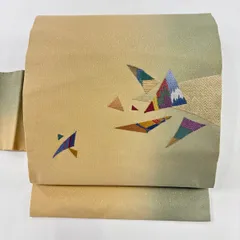 【在庫一掃】 名古屋帯 秀品 幾何学模様 刺繍 金通し ベージュ 正絹 【中古】