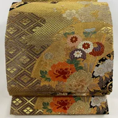 【在庫一掃】 袋帯 秀品 振袖向き 花扇 熨斗 金銀糸 箔 金色 全通 正絹 【中古】