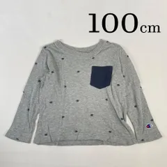 USED 古着 KU0975 古着 champion チャンピオン KIDS キッズ 長袖 Tシャツ 100 100cm グレー ねずみ色 クルーネック ポケット 綿100％ ワッペン ブランド ロゴ