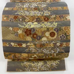 【在庫一掃】 袋帯 美品 秀品 秋草 蝶 金糸 刺繍 灰色 六通 正絹 【中古】