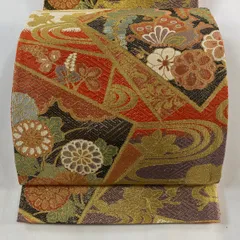 【在庫一掃】 袋帯 秀品 関西仕立て 蝶 秋草 箔 金糸 朱色 六通 正絹 【中古】