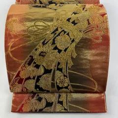 【在庫一掃】 袋帯 美品 秀品 束ね熨斗 花鳥 箔 金糸 黒 六通 正絹 【中古】