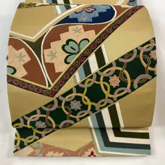 【在庫一掃】 袋帯 逸品 白綾苑大庭 落款 花唐草 幾何学模様 金糸 薄茶色 六通 正絹 【中古】