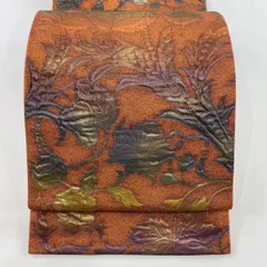 【在庫一掃】 【美品】 袋帯 秀品 花唐草 箔 オレンジ 六通 正絹 【中古】